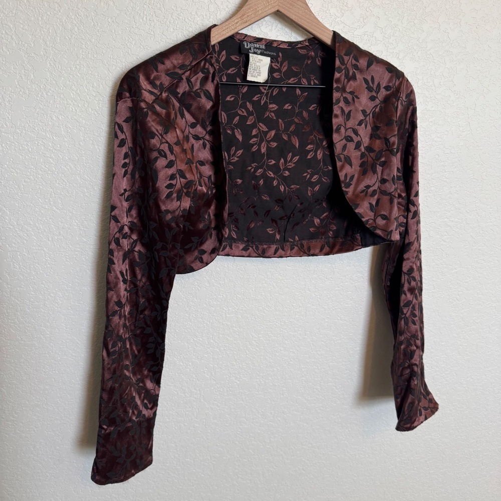 Vintage Whimsigoth Dawn Joy Fashions Satin Bolero Jacket Size 13/14 Brown